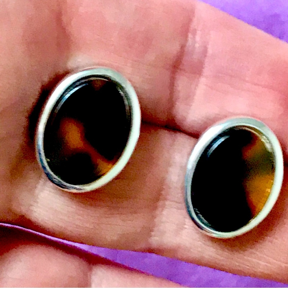 Faux Tortoise Pierced Earrings. Silver tone